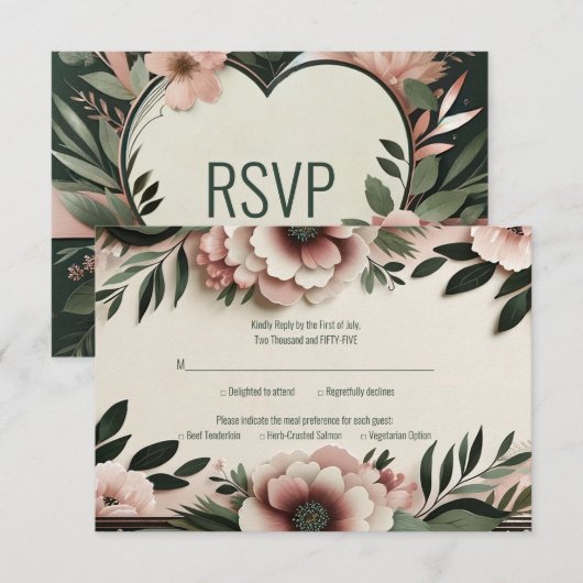 Lush Donkergroen en Blush Roze Bloemenbruiloft RSVP Kaartje (Voorkant / Achterkant)