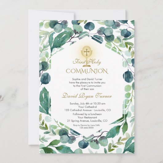 Lush Eucalyptus Foliage Gold Holy Communion Kaart (Voorkant)