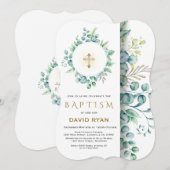 Lush Eucalyptus Greenery Gold Cross Boy Baptisme Kaart (Voorkant / Achterkant)