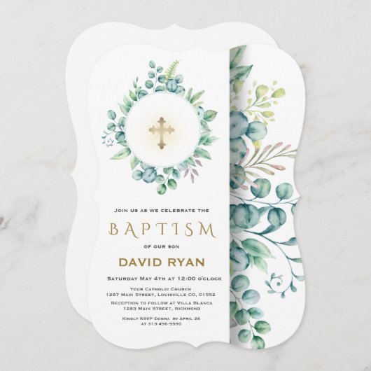 Lush Eucalyptus Greenery Gold Cross Boy Baptisme Kaart (Voorkant / Achterkant)