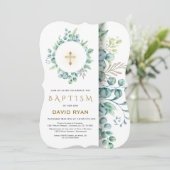 Lush Eucalyptus Greenery Gold Cross Boy Baptisme Kaart (Staand voorkant)