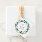 Lush Eucalyptus Greenery Wreath Gold Cross Baptism Bedankjes Labels (In situ)