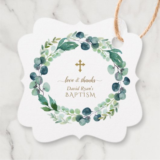 Lush Eucalyptus Greenery Wreath Gold Cross Baptism Bedankjes Labels (Achterkant)