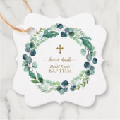 Lush Eucalyptus Greenery Wreath Gold Cross Baptism Bedankjes Labels (Voorkant)