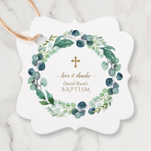 Lush Eucalyptus Greenery Wreath Gold Cross Baptism Bedankjes Labels (Voorkant)