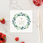 Lush Eucalyptus Greenery Wreath Gold Cross Baptism Servet (Insitu)