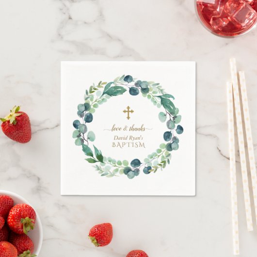 Lush Eucalyptus Greenery Wreath Gold Cross Baptism Servet (Insitu)