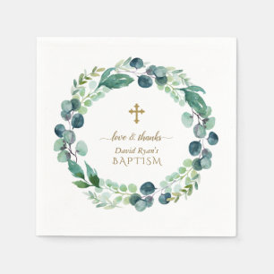Lush Eucalyptus Greenery Wreath Gold Cross Baptism Servet
