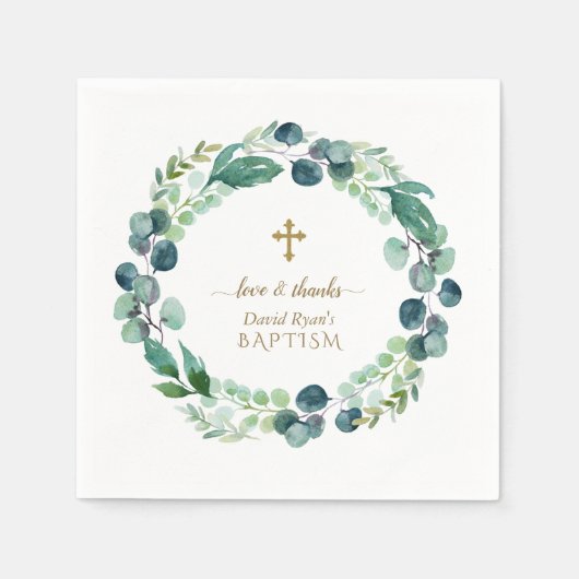 Lush Eucalyptus Greenery Wreath Gold Cross Baptism Servet (Voorkant)