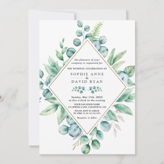 Lush Eucalyptus Leaves Diamond Gold Wedding Kaart (Voorkant)