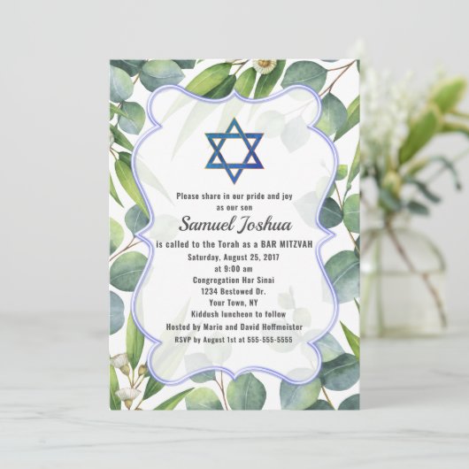 Lush Eucalyptus Leaves Star van David Bar Mitzvah Kaart (Staand voorkant)