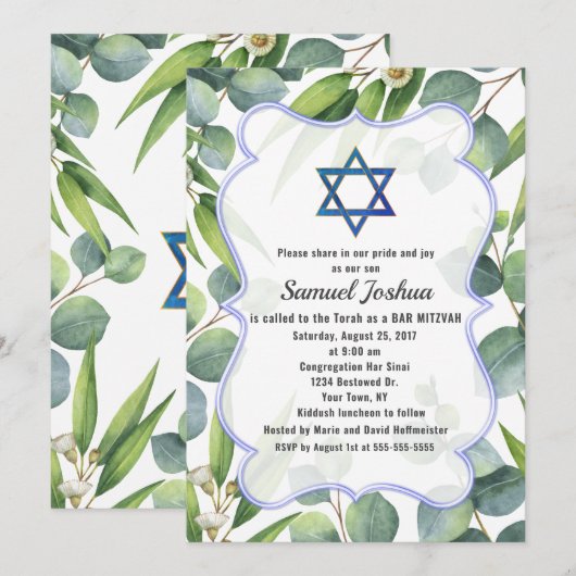 Lush Eucalyptus Leaves Star van David Bar Mitzvah Kaart (Voorkant / Achterkant)