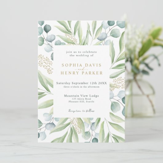 Lush Eucalyptus Light Greenery Sage Wedding Invita Kaart (Staand voorkant)