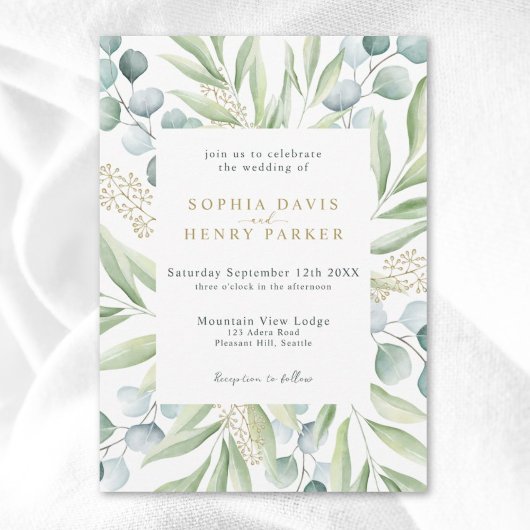 Lush Eucalyptus Light Greenery Sage Wedding Invita Kaart