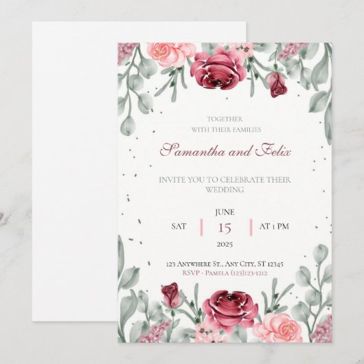 Lush Floral Waterverf Country Wedding Invitation Kaart (Voorkant / Achterkant)