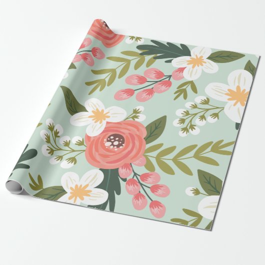 Lush Folksy Florals in Mint Green Cadeaupapier (Uitgerold)