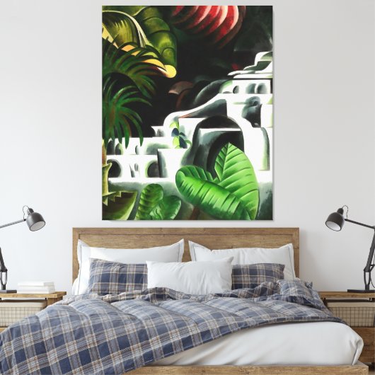 Lush Forest Waterfall in Geometric Art Style v1 Canvas Afdruk (Insitu (Slaapkamer))