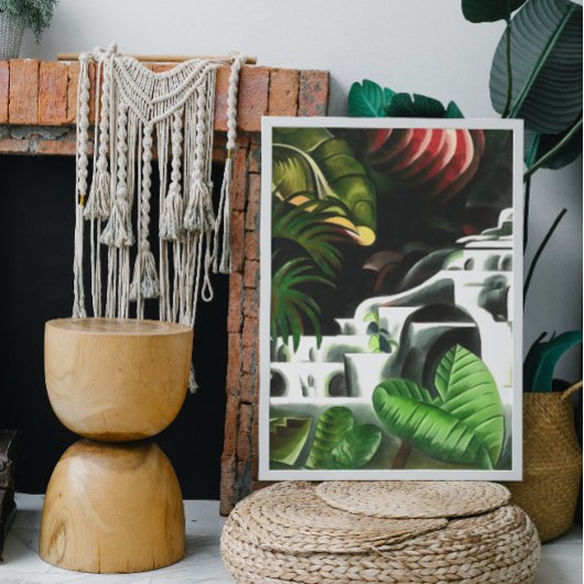 Lush Forest Waterfall in Geometric Art Style v1 Canvas Afdruk