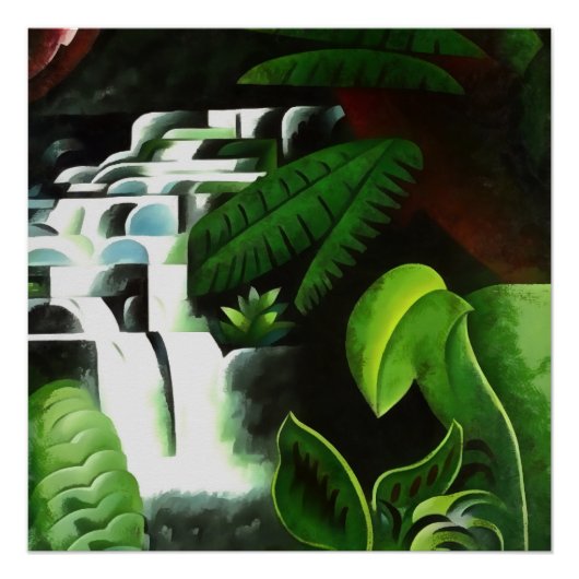 Lush Forest Waterfall in Geometric Art Style v2 Perfect Poster (Voorkant)