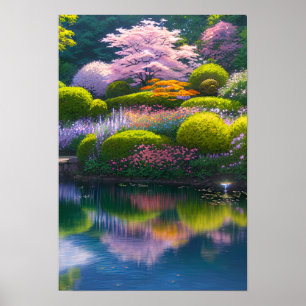 Lush Garden met een verbluffende Sakura-boom Poster