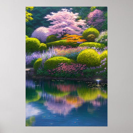 Lush Garden met een verbluffende Sakura-boom Poster (Voorkant)