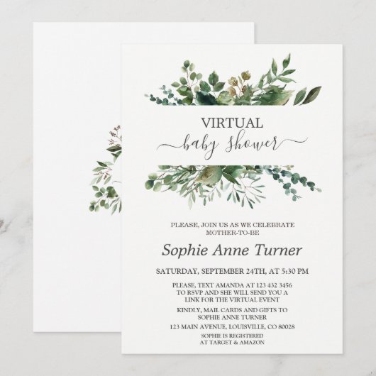 Lush Geometric Greenery Virtual Baby shower Kaart (Voorkant / Achterkant)