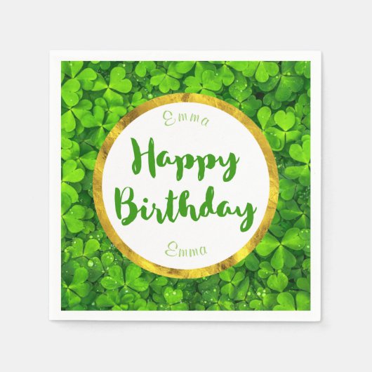 Lush Green Clovers met FAUX Gold Foil Verjaardag Servet (Voorkant)
