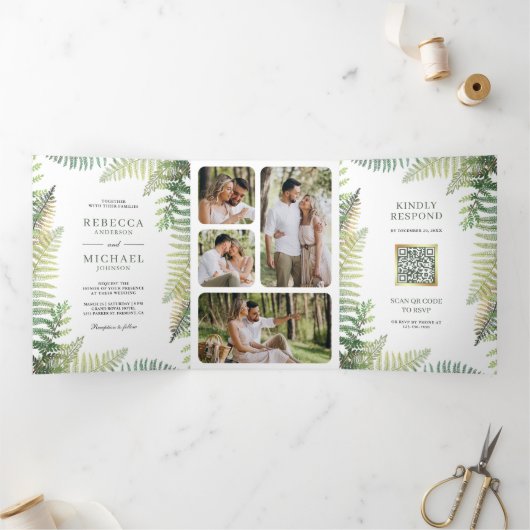Lush Green Ferns Foto Collage QR Code Weddenschap Drieluik Uitnodiging (Binnen)