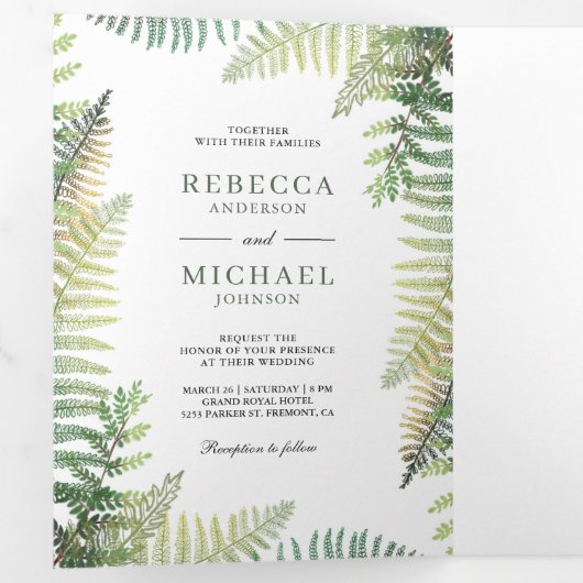 Lush Green Ferns Foto Collage QR Code Weddenschap Drieluik Uitnodiging (Binnenzijde eerst)