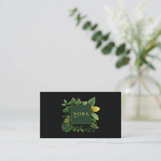 Lush Green Foliage Black Gold Frame Botanical Visitekaartje (Staand voorkant)
