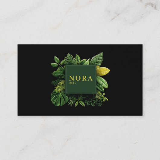 Lush Green Foliage Black Gold Frame Botanical Visitekaartje (Voorkant)