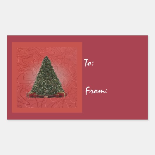 Lush Green Kerstmis Tree op Abstract Rood Terug Rechthoekige Sticker (Voorkant)