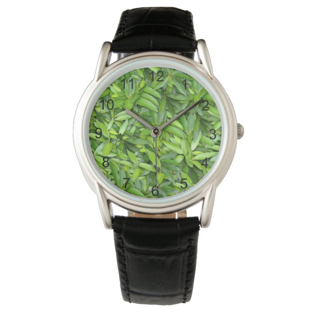 Lush Green Leaves Pattern – Natuur Botanisch Horloge (Voorkant)