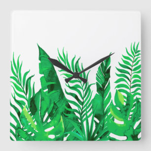 Lush Green - Waterverf Tropische Foliage - Vierkante Klok