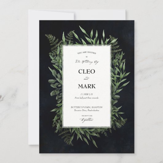 Lush Green Wreath Midnight moody Wedding Kaart (Voorkant)