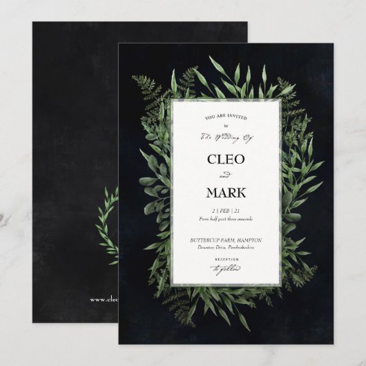 Lush Green Wreath Midnight moody Wedding Kaart (Voorkant / Achterkant)