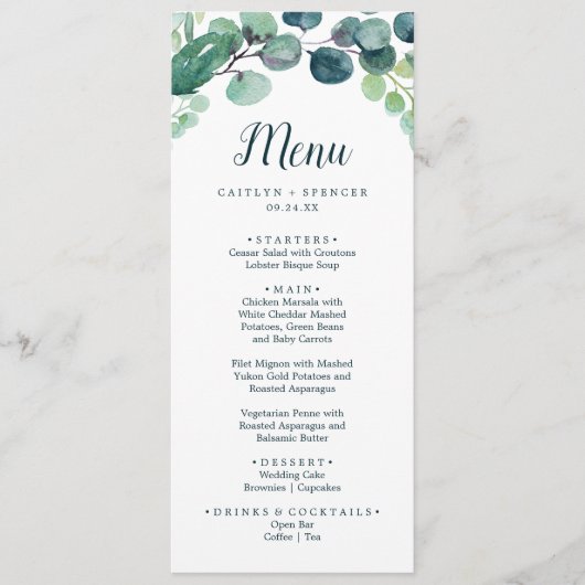 Lush Greenery and Eucalyptus Wedding Dinner Menu (Voorkant)