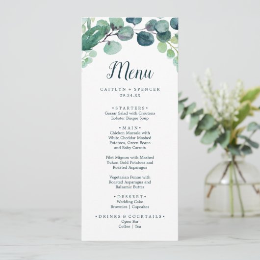 Lush Greenery and Eucalyptus Wedding Dinner Menu (Staand voorkant)