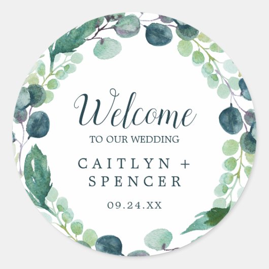 Lush Greenery and Eucalyptus Wedding Welcome Ronde Sticker (Voorkant)