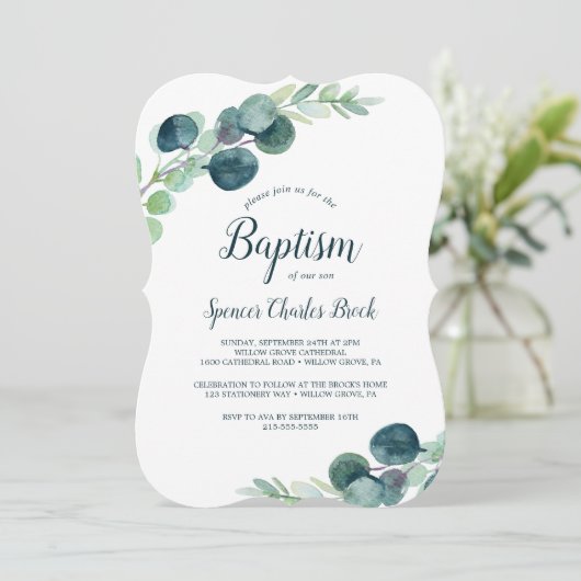 Lush Greenery en Eucalyptus Baptisme Kaart (Staand voorkant)