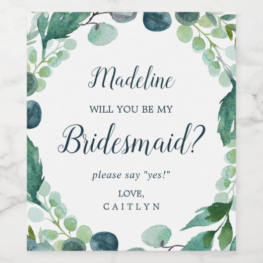 Lush Greenery en Eucalyptus Bridesmaid Voorstel Wijn Etiket (Enkel label)