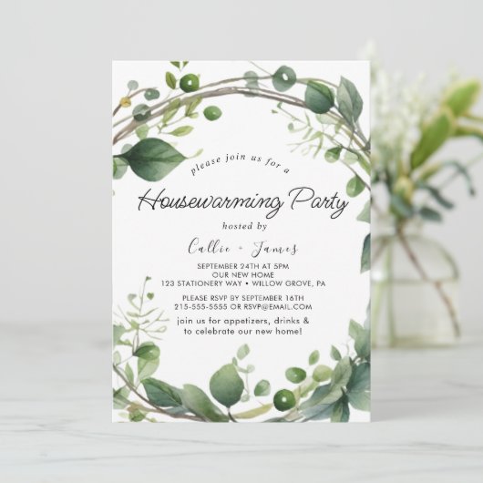 Lush Greenery en Eucalyptus Housewarming Party Kaart (Staand voorkant)