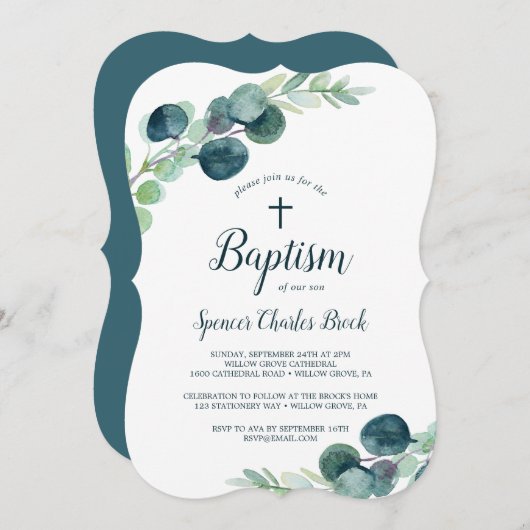 Lush Greenery en Eucalyptus met Cross Baptisme Kaart (Voorkant / Achterkant)