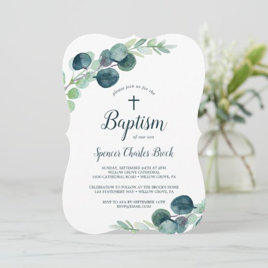 Lush Greenery en Eucalyptus met Cross Baptisme Kaart (Staand voorkant)