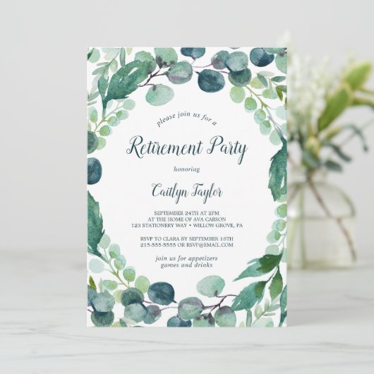 Lush Greenery en Eucalyptus Retirement Party Kaart (Staand voorkant)