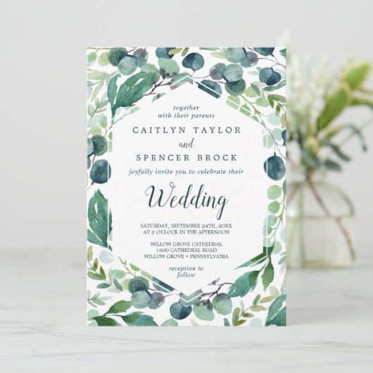 Lush Greenery en Eucalyptus Wedding Kaart (Staand voorkant)