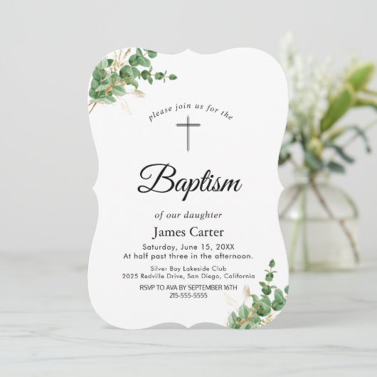 Lush Greenery & Eucalyptus Doopuitnodiging Kaart (Staand voorkant)