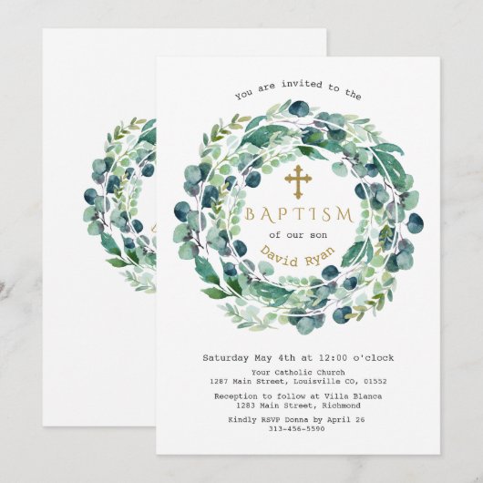 Lush Greenery Eucalyptus Foliage Cross Baptisme Kaart (Voorkant / Achterkant)