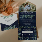 Lush Greenery Eucalyptus Leaves Navy Blue Wedding All In One Uitnodiging