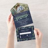 Lush Greenery Eucalyptus Leaves Navy Blue Wedding All In One Uitnodiging (Afscheurbaar)